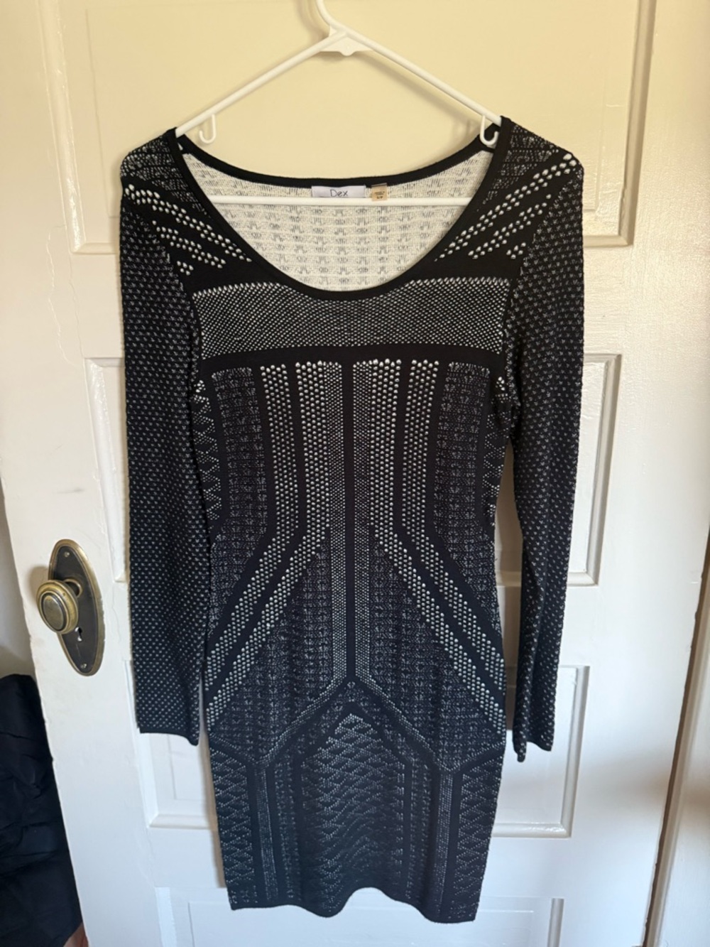 Dex Black and White Geometric Pointelle Long-Sleeve Dress